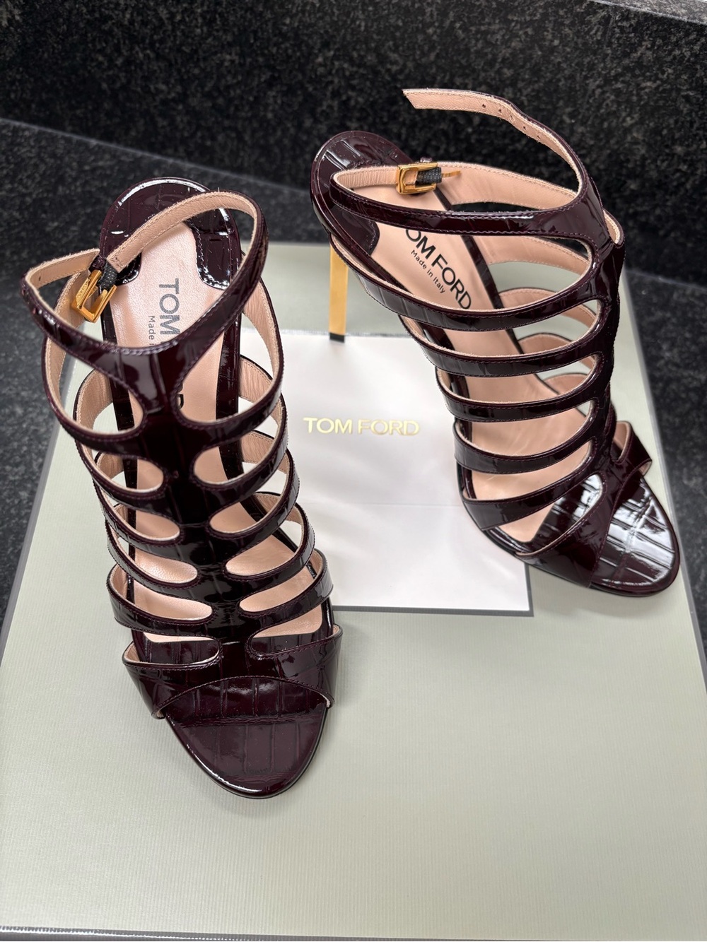 Tom Ford Dark Plum Patent Multi-Strap Sandals